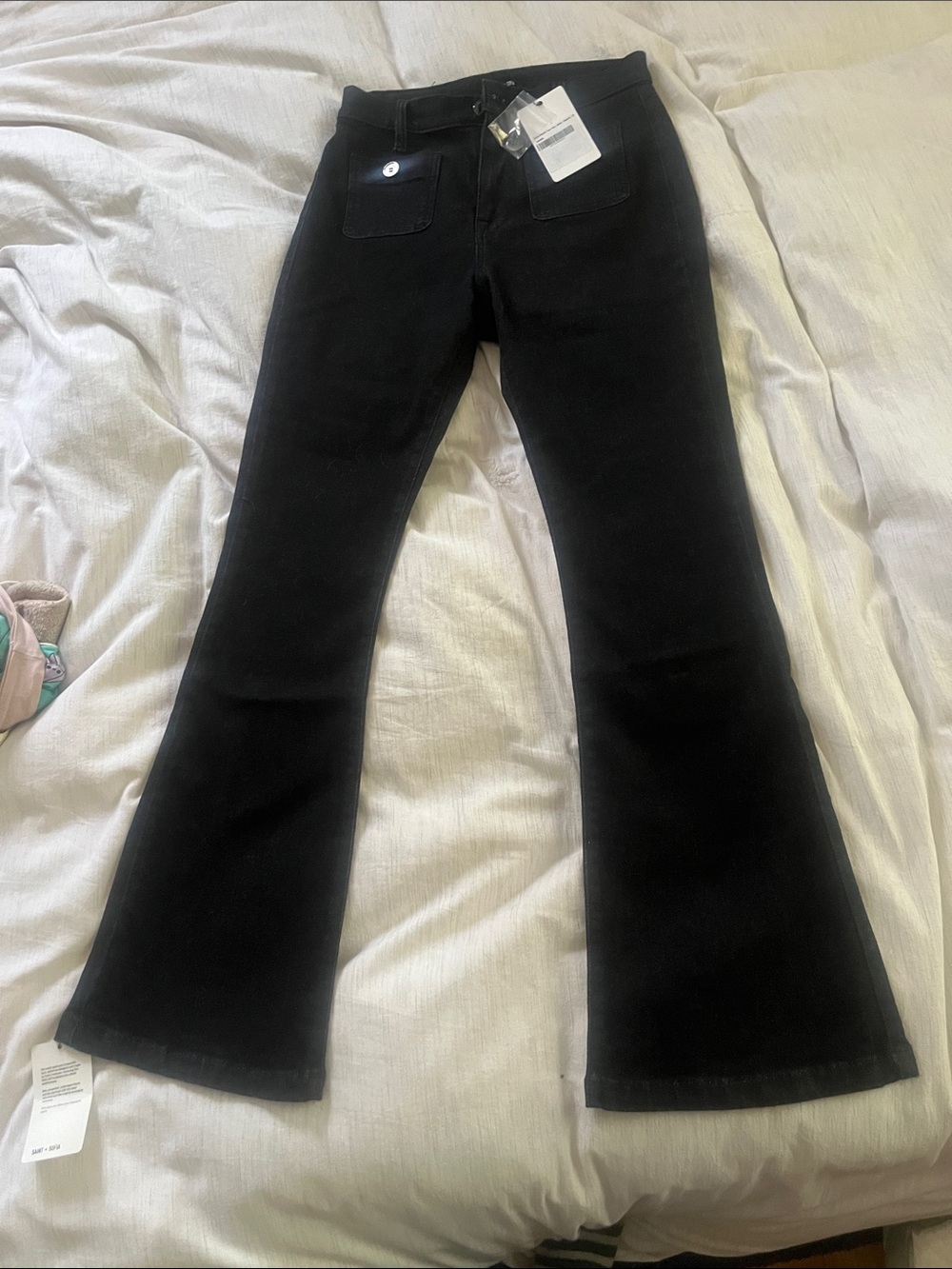 Women's Black Flare Jeans - Wide Leg Patch Pocket Style